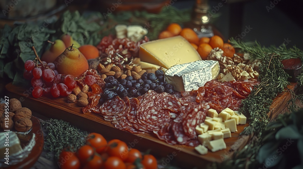 Artfully Arranged Charcuterie Board Featuring Cheeses, Meats, Fruits, and Nuts Artfully Arranged Charcuterie Board Featuring Cheeses, Meats, Fruits, and Nuts