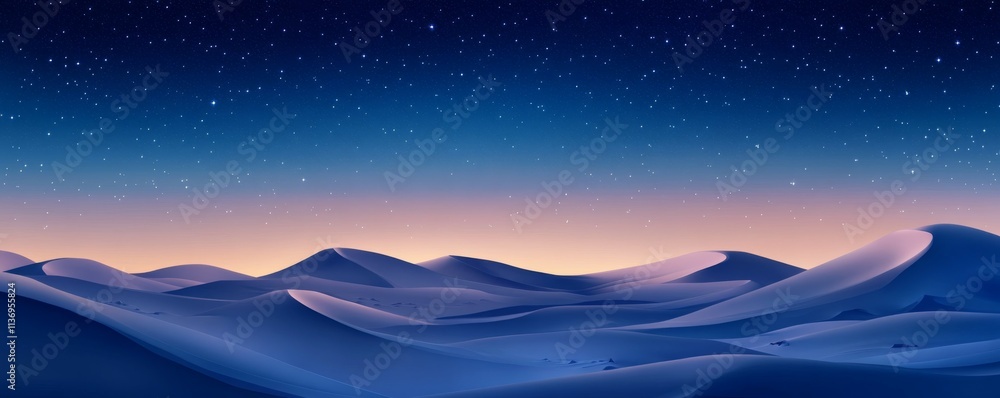 Night Landscape, with Desert Sand Dunes. Peaceful Modern Wallpaper with Blue Gradient Starry Sky Night Landscape, with Desert Sand Dunes. Peaceful Modern Wallpaper with Blue Gradient Starry Sky