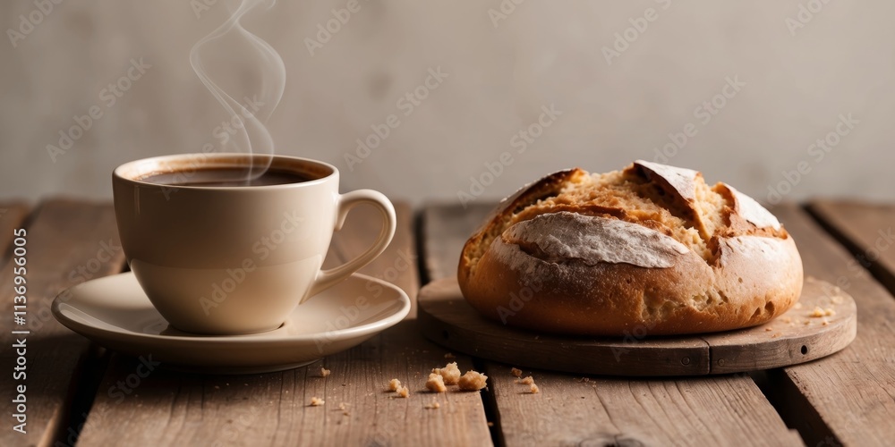 Freshly Brewed Coffee with Artisan Bread on Wooden Table Freshly Brewed Coffee with Artisan Bread on Wooden Table