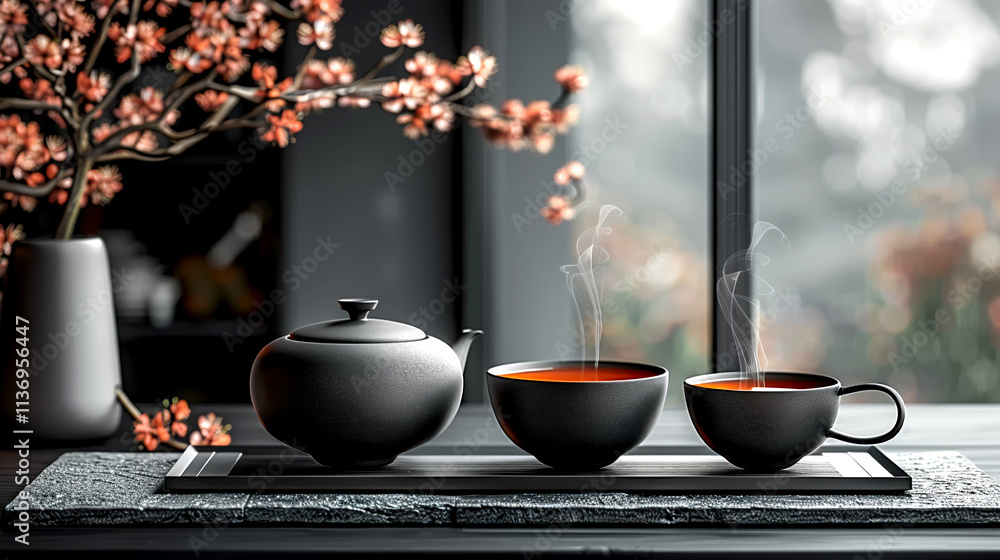 Obraz premium Serenity in a teapot moment with warm cups and blooming branches