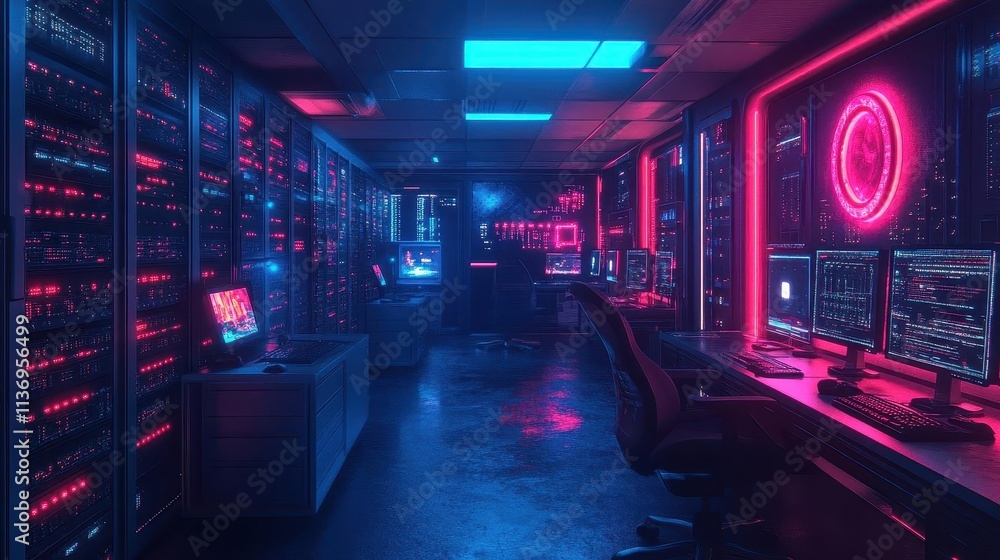 A serene IT lab where scientists test glowing server prototypes, cinematic shadows and textures A serene IT lab where scientists test glowing server prototypes, cinematic shadows and textures