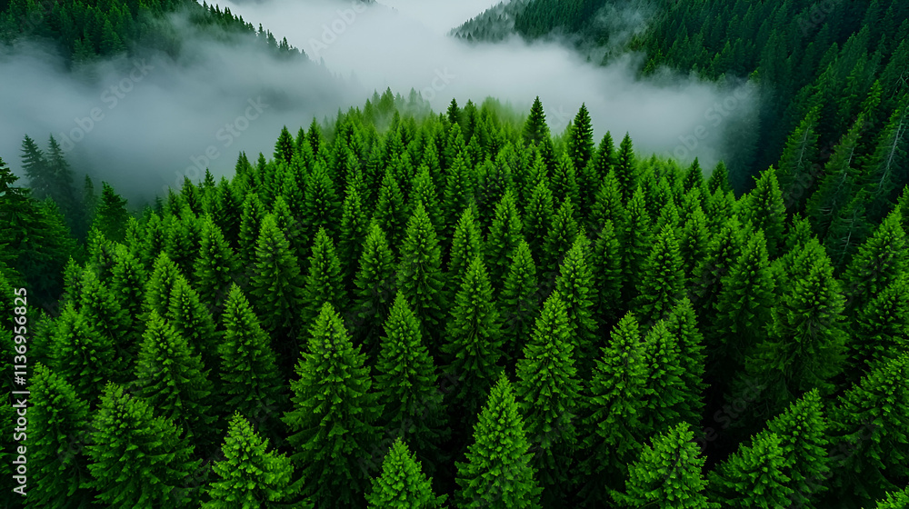 A breathtaking aerial view of dense pine forests enveloped in mist, showcasing vibrant greenery amidst a serene, foggy landscape. A breathtaking aerial view of dense pine forests enveloped in mist, showcasing vibrant greenery amidst a serene, foggy landscape.