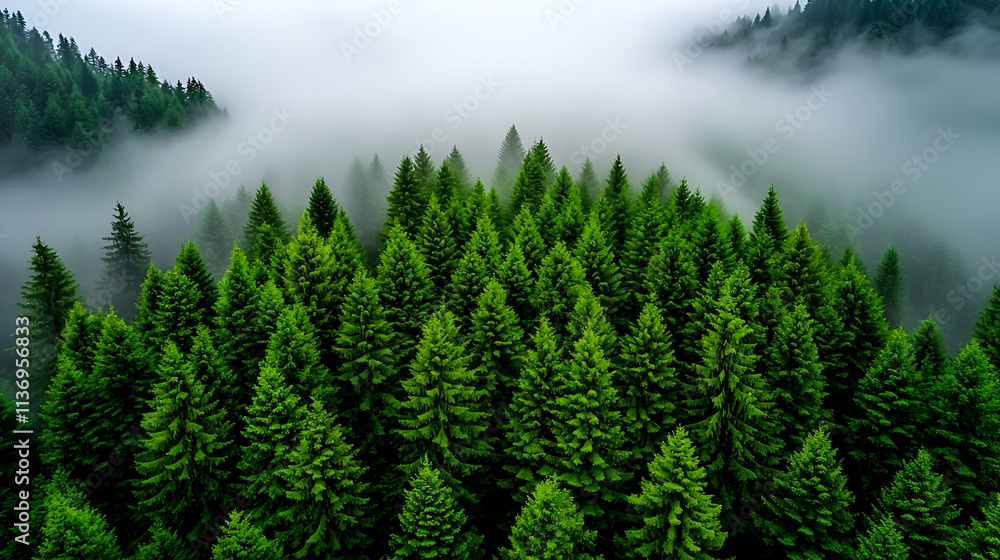 A lush forest of evergreen trees surrounded by mist creates a serene and tranquil atmosphere, showcasing nature's beauty. A lush forest of evergreen trees surrounded by mist creates a serene and tranquil atmosphere, showcasing nature's beauty.