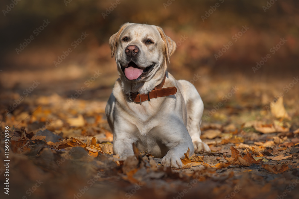 Young cute labrador retriever dog in the autumn woods Young cute labrador retriever dog in the autumn woods