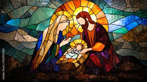 Nativity Scene in Stained Glass, Capturing the Holy Family with Vibrant Colors and Intricate Designs