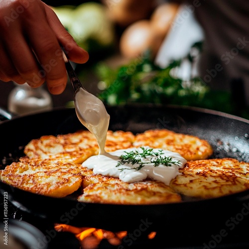 Crispy potato pancakes topped with a creamy sauce in a cozy kitchen setting photo