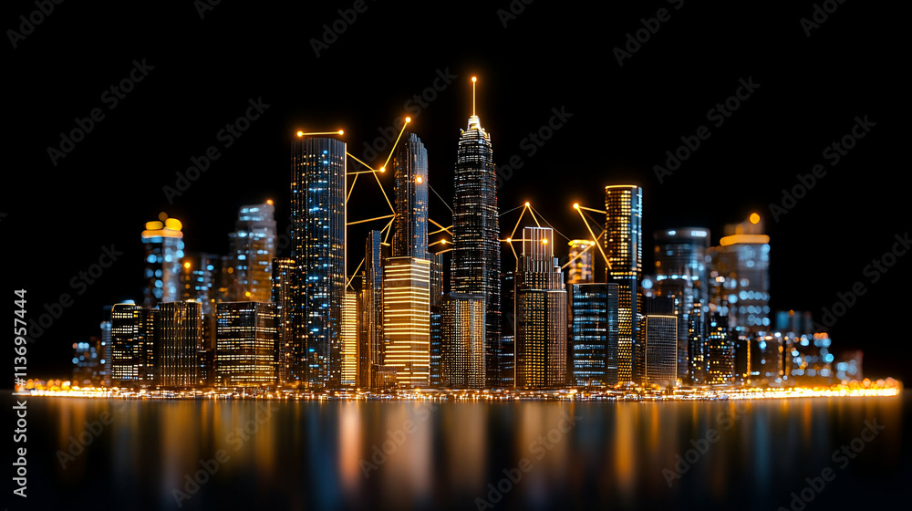 Fototapeta premium A vibrant city skyline illuminated at night, showcasing modern skyscrapers with glowing lights and dynamic lines representing connectivity and technology.