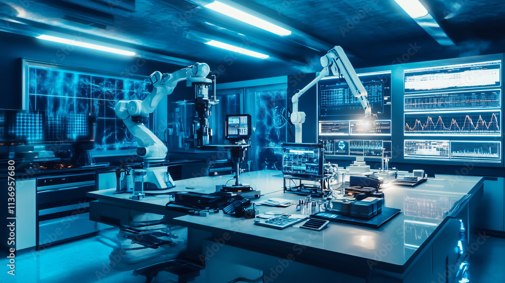 A futuristic research lab with glowing screens, robotic arms, and advanced scientific equipment. A futuristic research lab with glowing screens, robotic arms, and advanced scientific equipment.