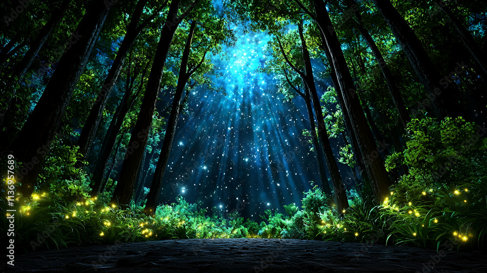 Obraz premium A serene forest scene illuminated by glowing lights, creating a magical atmosphere with trees and a vibrant blue sky above.