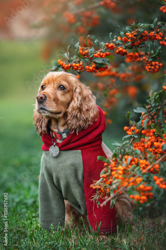 Dog in the forest in autumn. An English cocker spaniel in a sweater walks in the park. Pet care concept.