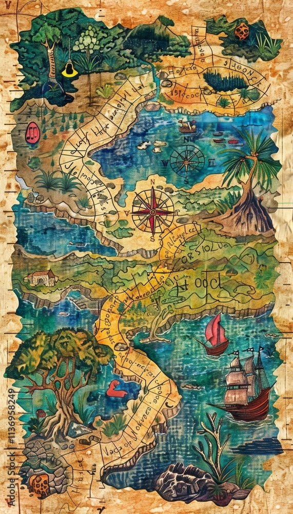 Obraz premium Vibrant and intricate treasure map illustration featuring pathways, trees, and water elements