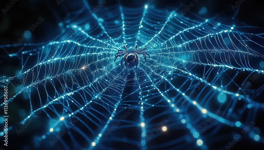 A symbolic glowing spiderweb overlay symbolizing cloudbased network innovation and reach, dramatic lighting A symbolic glowing spiderweb overlay symbolizing cloudbased network innovation and reach, dramatic lighting