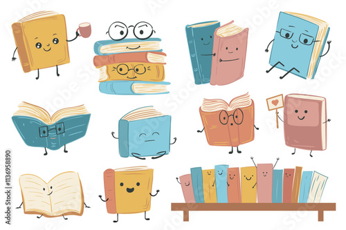 Cute book characters set elements in flat graphic design. Collection of funny books with smiling faces wear glasses, hold cup, hug, love, read, stack of textbooks, stand on shelf. Vector illustration.
