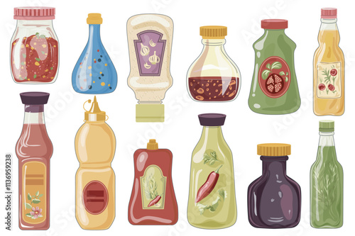 Bottles of sauces set elements in flat graphic design. Collection of different spicy hot dressings with tomato, garlic, basil, pepper, soy, containers of mustard, mayo, ketchup. Vector illustration.