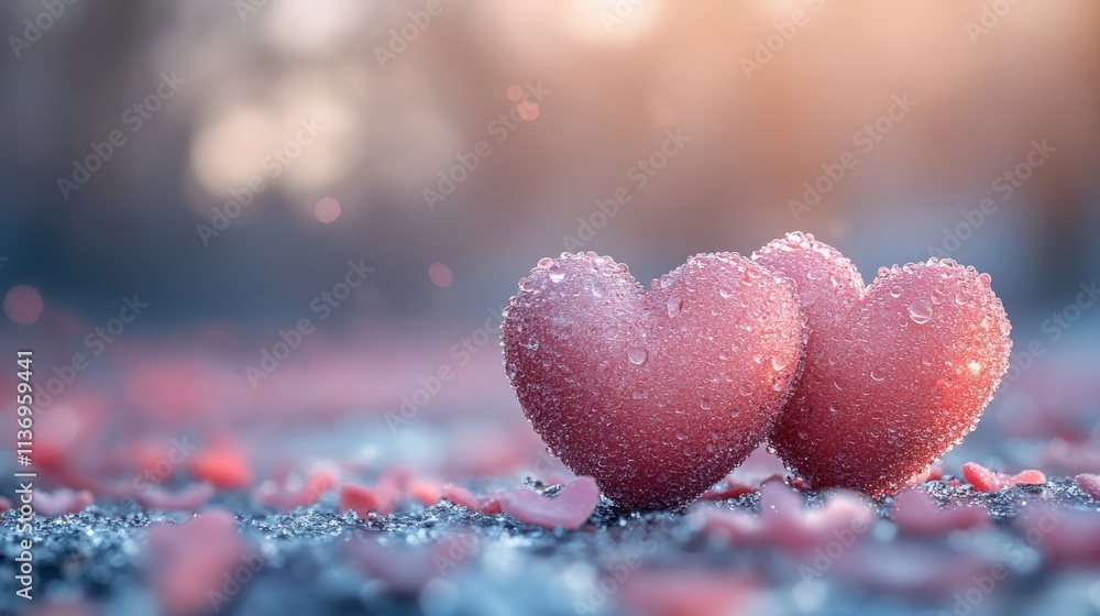 Fototapeta premium Two sparkling hearts surrounded by soft petals create a romantic atmosphere, representing love and connection.