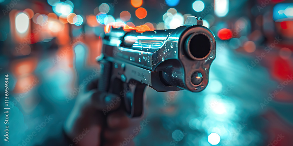 Handgun with Water Droplets, Night City Background Handgun with Water Droplets, Night City Background