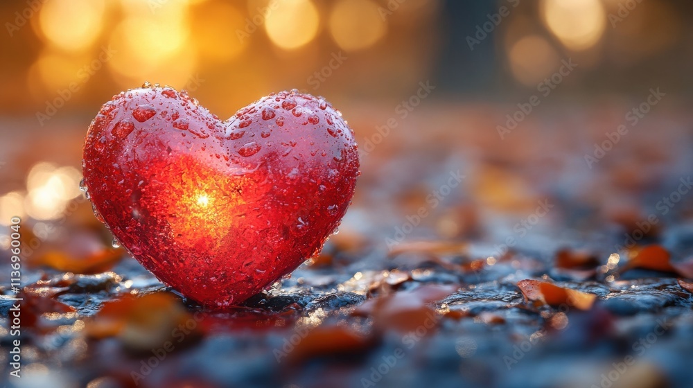 A sparkling red heart with droplets, glowing against a blurred backdrop of autumn leaves and soft sunlight reflections. A sparkling red heart with droplets, glowing against a blurred backdrop of autumn leaves and soft sunlight reflections.