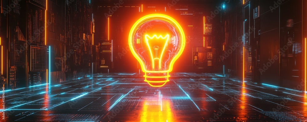 Orange and Yellow Innovation Technology Concept with lightbulb symbol as a neon light. Vibrant colored icon, on a black background with high tech floor. Orange and Yellow Innovation Technology Concept with lightbulb symbol as a neon light. Vibrant colored icon, on a black background with high tech floor.