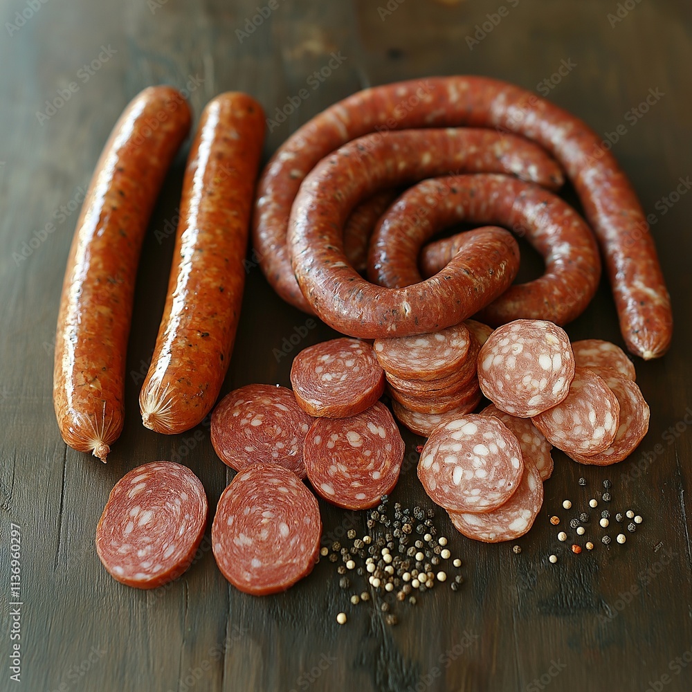 Fototapeta premium Assorted sausages - chorizo, bratwurst, salami with spices on rustic wooden table