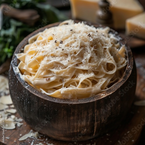 Fettuccine pasta in wooden bowl, coated with creamy sauce, rustic Italian ambiance photo