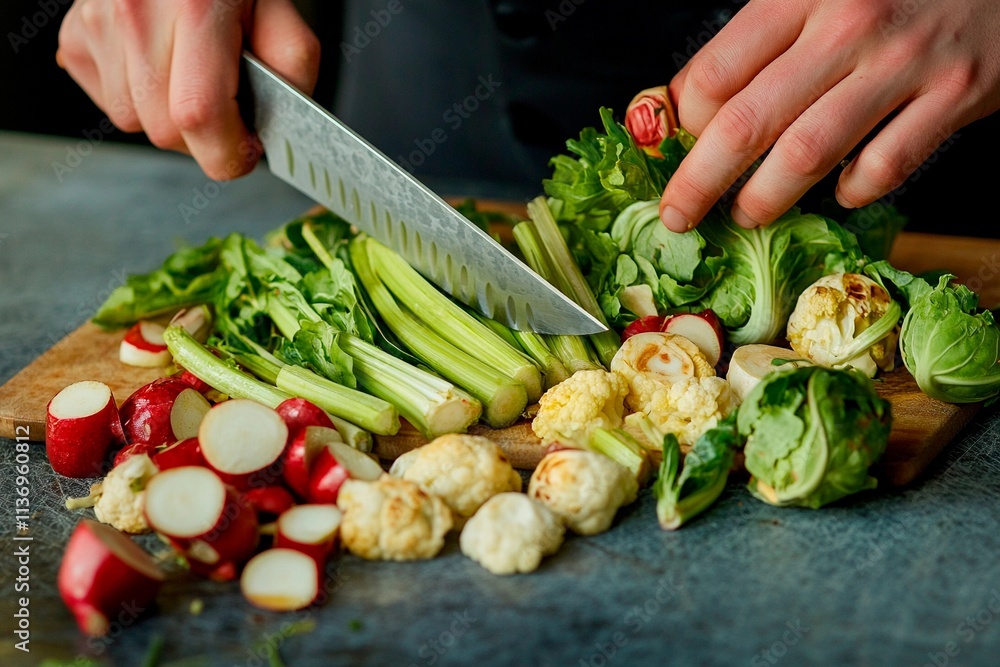 Expert hands skillfully chopping fresh vegetables for a vibrant culinary creation Expert hands skillfully chopping fresh vegetables for a vibrant culinary creation