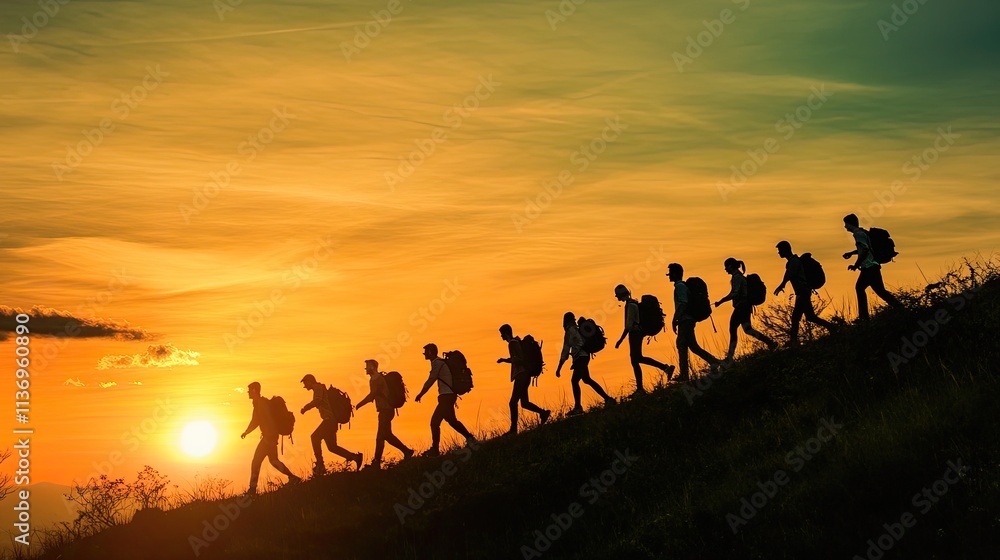 Silhouetted hikers ascend a hill at sunset. Silhouetted hikers ascend a hill at sunset.