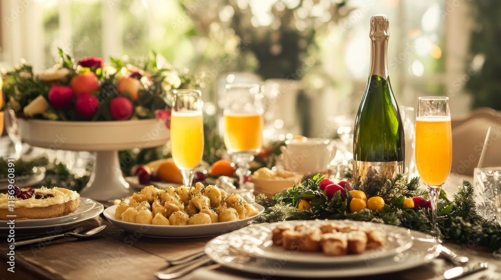 Festive table setting with delicious food, sparkling wine, and vibrant decorations for a joyful celebration Festive table setting with delicious food, sparkling wine, and vibrant decorations for a joyful celebration
