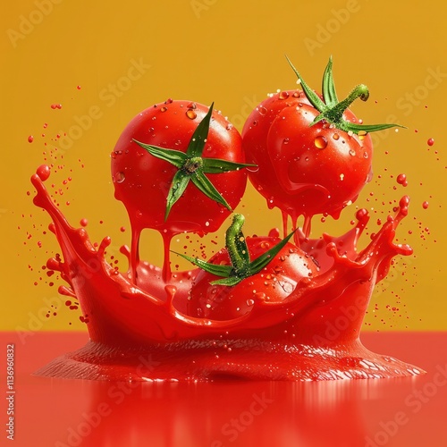 Vibrant red tomato bursting with juice and splashing against a bold colorful background with dynamic motion blur effect  Healthy organic produce in an composition photo