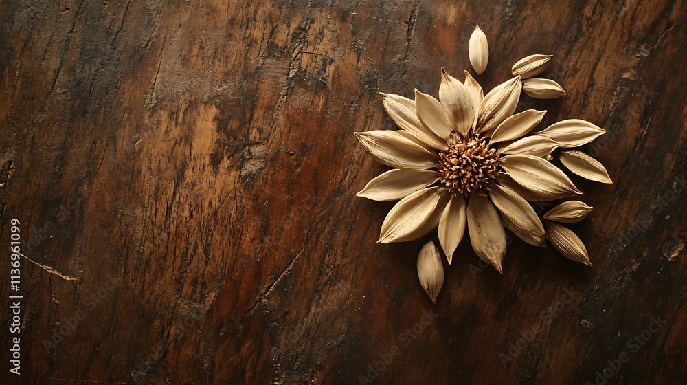 Obraz premium Dried flower arrangement on rustic wooden surface.