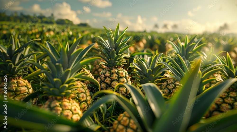 Fototapeta premium Vibrant depiction of lush pineapple field surrounded by lush foliage showcasing tropical abundance