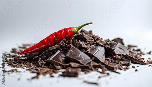 A vibrant red chili pepper rests atop a pile of coarsely chopped dark chocolate, creating a visually appealing contrast of textures and colors. photo