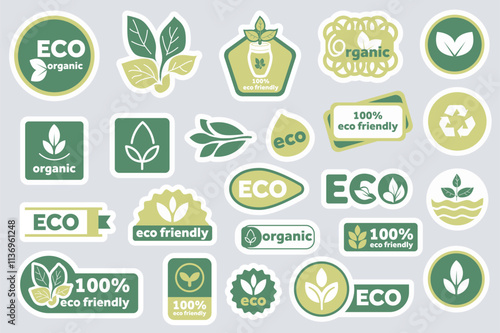 Eco friendly stickers set elements in flat graphic design. Collection of green ecologic labels for food packaging with bio, organic, natural words, recycle and leaf sign, other. Vector illustration.