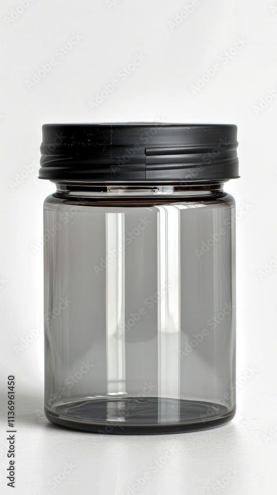 A clear, cylindrical jar with a black lid, suitable for storage or packaging. A clear, cylindrical jar with a black lid, suitable for storage or packaging.