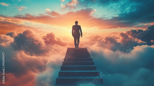 A man is walking up a staircase in the sky. The sky is filled with clouds and the sun is setting