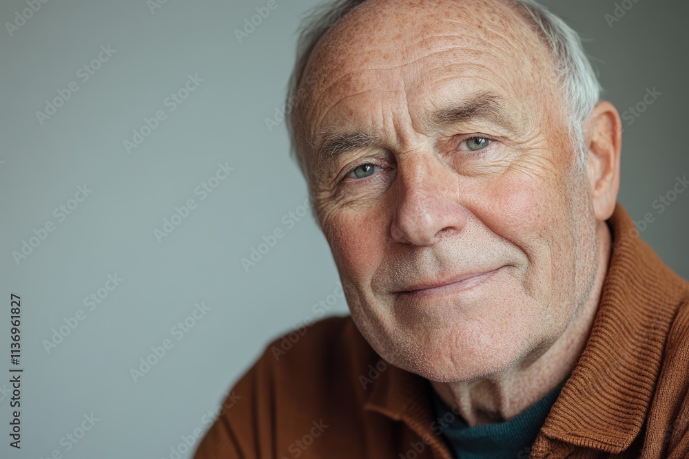 Fototapeta premium Portrait of a smiling senior man with grey hair and wrinkles, showing his age and experience.