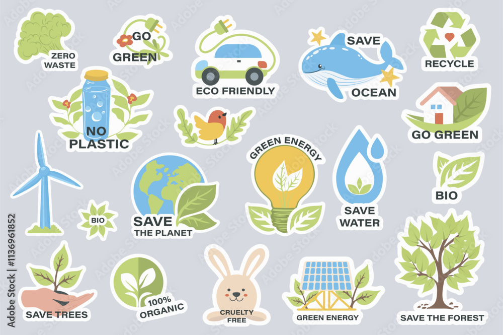 Ecology stickers with slogans set elements in flat graphic design. Collection of zero waste, go green, eco friendly, save ocean, recycle, no plastic, bio, organic, cruelty free. Vector illustration. Ecology stickers with slogans set elements in flat graphic design. Collection of zero waste, go green, eco friendly, save ocean, recycle, no plastic, bio, organic, cruelty free. Vector illustration.