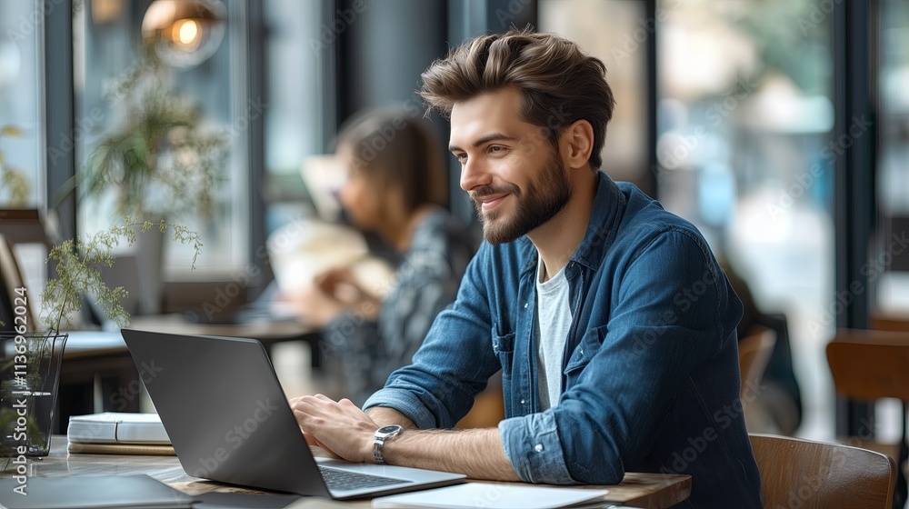 A man is sitting at a table with a laptop in front of him. He is smiling and he is happy A man is sitting at a table with a laptop in front of him. He is smiling and he is happy