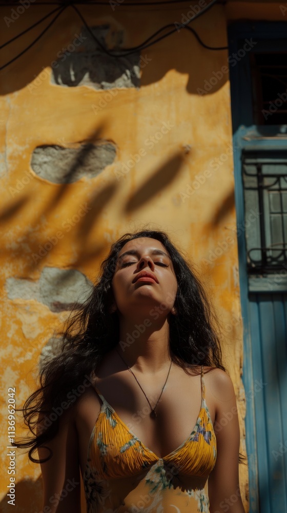 Fototapeta premium A Latin-American woman stands quietly in a colorful urban space, expressing deep grief amidst shadows and sunlight