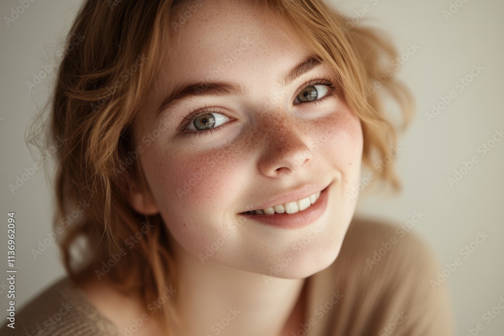 Close-up portrait of a young woman with freckles and a warm smile, showcasing her natural beauty. Close-up portrait of a young woman with freckles and a warm smile, showcasing her natural beauty.