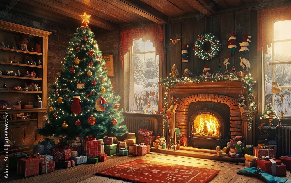 Fototapeta premium cozy room fireplace christmass tree with decorations toys and lights professional photo