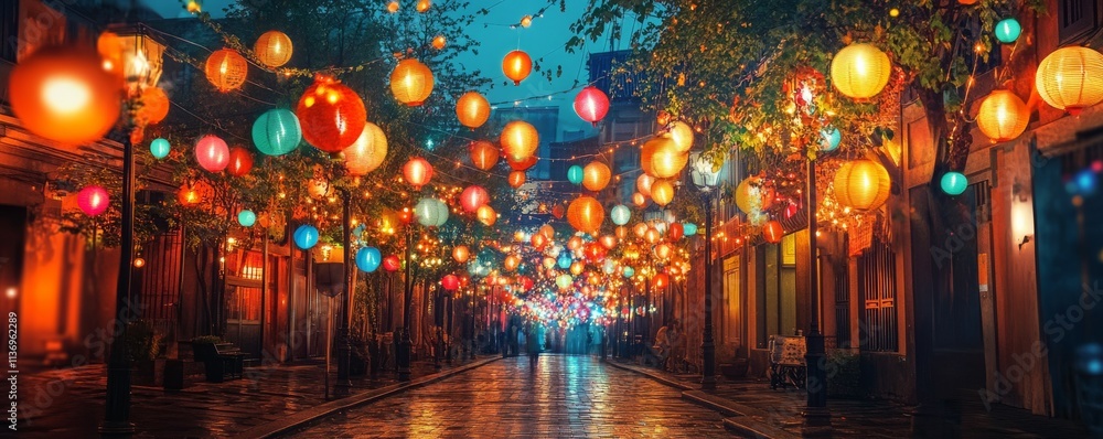 Street filled with colorful lights and lanterns, vibrant and joyful Festival of Lights Street filled with colorful lights and lanterns, vibrant and joyful Festival of Lights