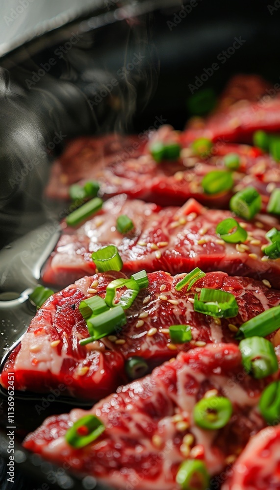 Close up of premium marbled beef searing in a skillet with green onions, showcasing gourmet quality Close up of premium marbled beef searing in a skillet with green onions, showcasing gourmet quality
