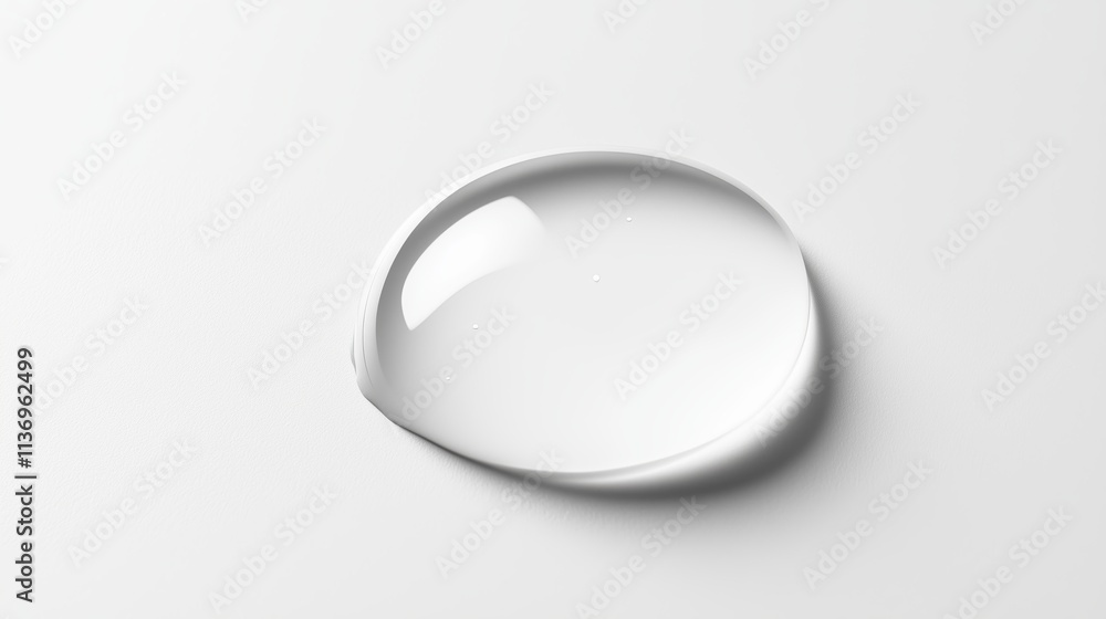 A drop of water on a white surface. The drop is clear and has a shiny surface. The water is not moving