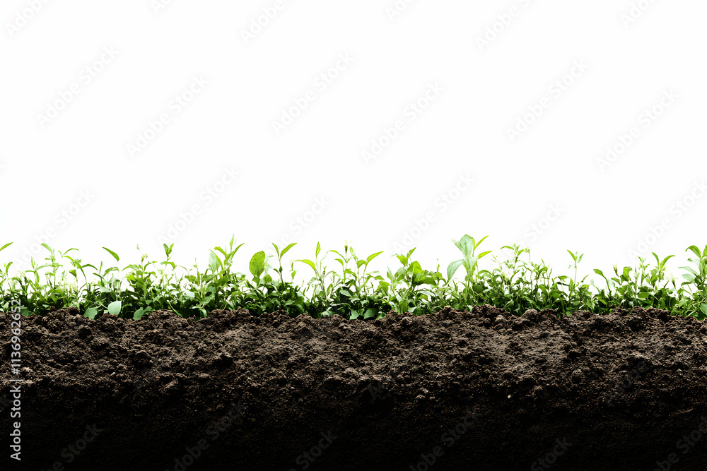 Lush green plants sprouting from rich dark soil against a bright white background; perfect for environmental, agricultural, or gardening themes. Lush green plants sprouting from rich dark soil against a bright white background; perfect for environmental, agricultural, or gardening themes.