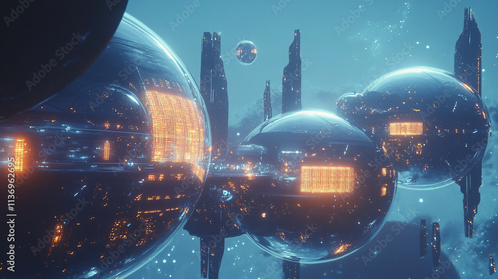 A futuristic space station floating in orbit around a distant planet, with massive glass domes and glowing energy shields. A futuristic space station floating in orbit around a distant planet, with massive glass domes and glowing energy shields.