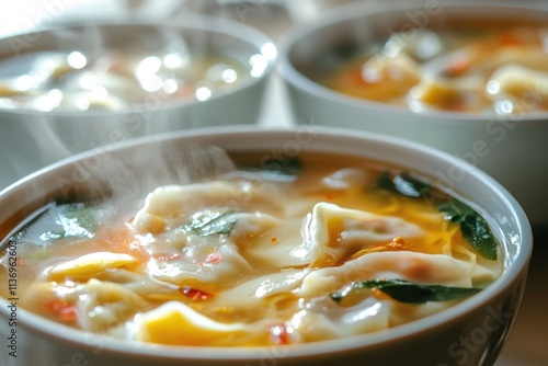 Steaming bowls of wonton soup, filled with tender dumplings in flavorful broth. photo