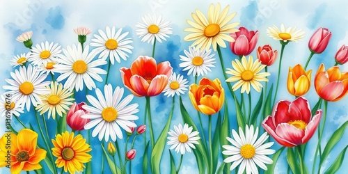 Wallpaper Mural Bright and vibrant watercolor illustration of various flowers including roses, daisies, and tulips, painting, colorful Torontodigital.ca