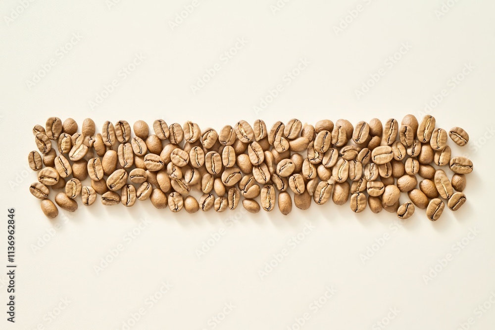 Obraz premium A line of roasted light brown coffee beans arranged on a beige background.