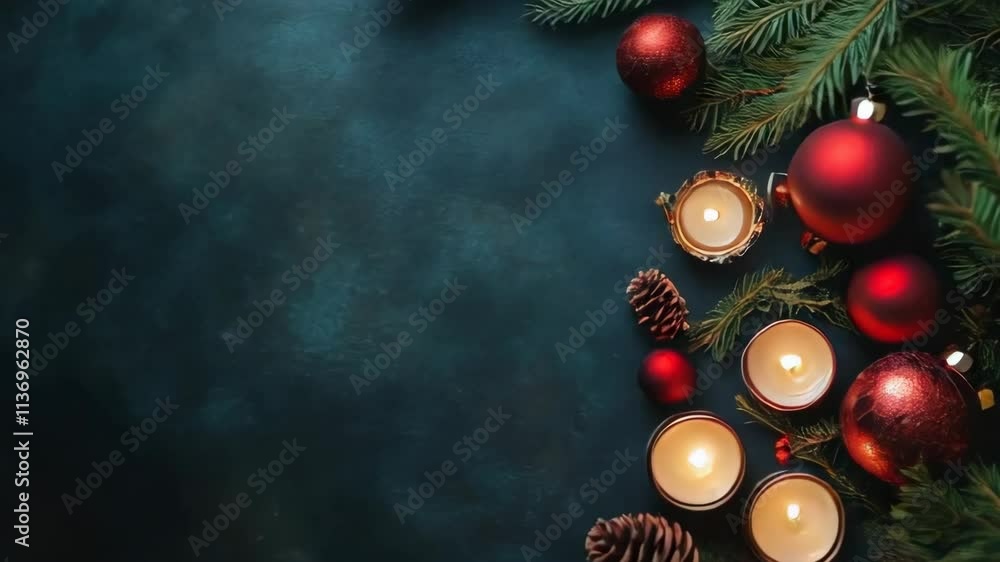 Blue background with red and white Christmas decorations. There are four candles and four red balls Blue background with red and white Christmas decorations. There are four candles and four red balls