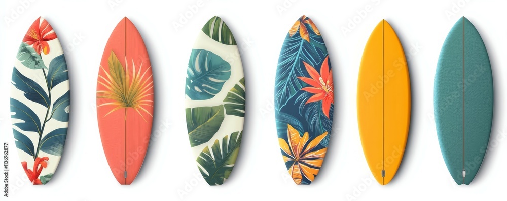Summer exotic holiday concept in retro style. Surfboards with a nautical retro pattern, multicolored on an isolated background. Summer exotic holiday concept in retro style. Surfboards with a nautical retro pattern, multicolored on an isolated background.